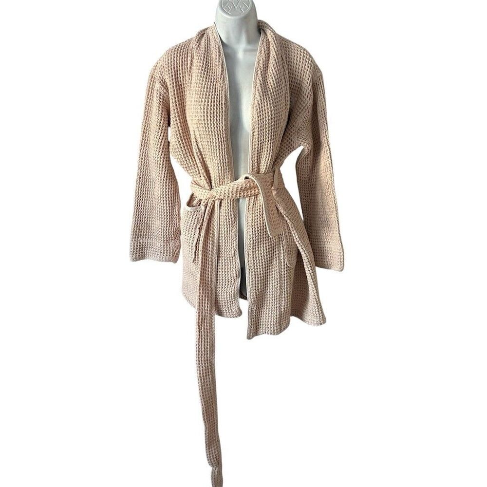 Boll & Branch Bath Robe Unisex Size L Beige Waffle Knit Belted Pockets